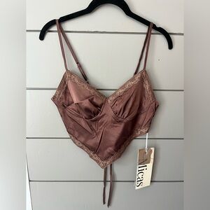Micas‎ brown satin lace bottom cami bra top size Large NWT